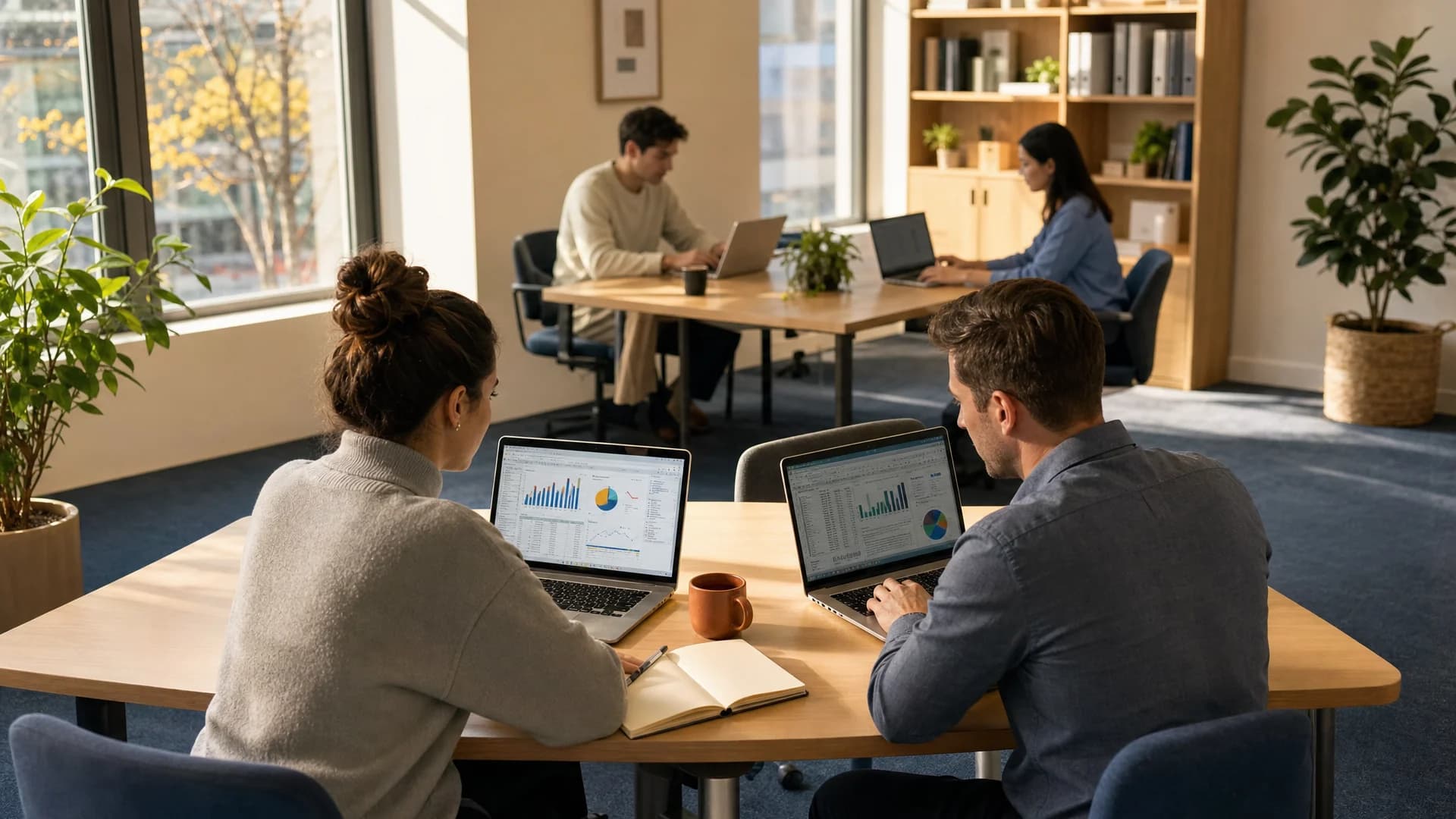 A modern open-plan accounting office viewed from above at an angle, with four people working at desks arranged in a loose cluster, laptops open, warm natural light from tall windows on the left, muted blue and cream colour palette with subtle orange accents in desk accessories